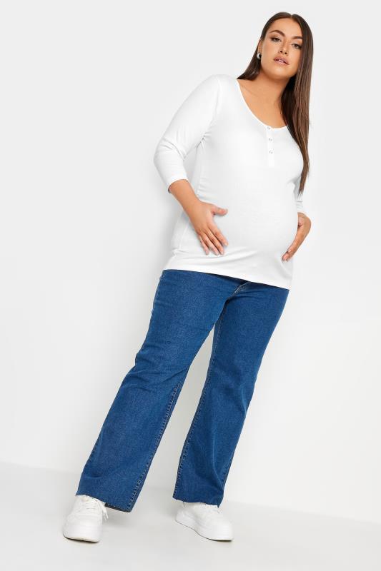 BUMP IT UP MATERNITY Plus Size White Ribbed Popper Fastening Top | Yours Clothing 2