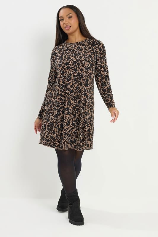 Plus Size  YOURS Curve Brown Leopard Ribbed Tunic Dress