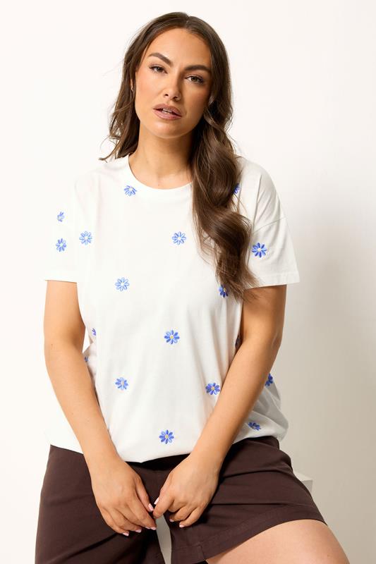 YOURS Plus Size White Embroidered Daisy T-Shirt | Yours Clothing 1