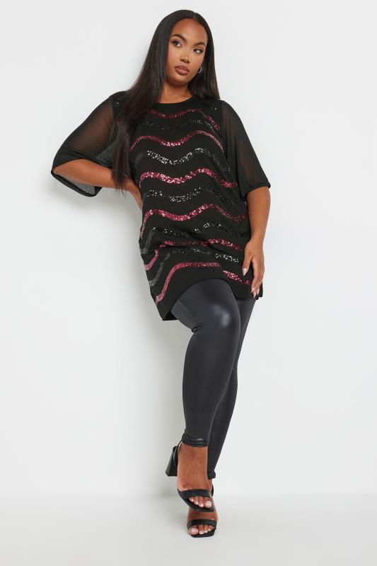 YOURS Plus Size Black Sequin Embellished Mesh Sleeve Top | Yours Clothing 2