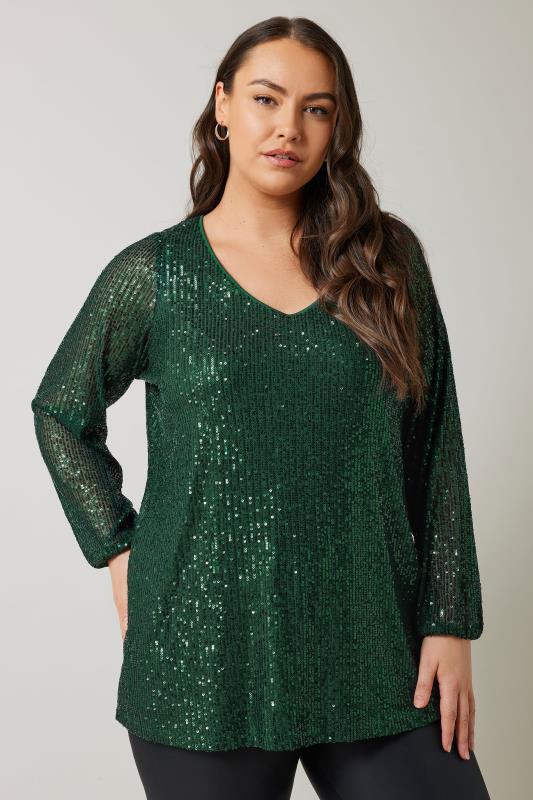 EVANS Plus Size Emerald Green Sequin Embellished Blouse | Evans 1