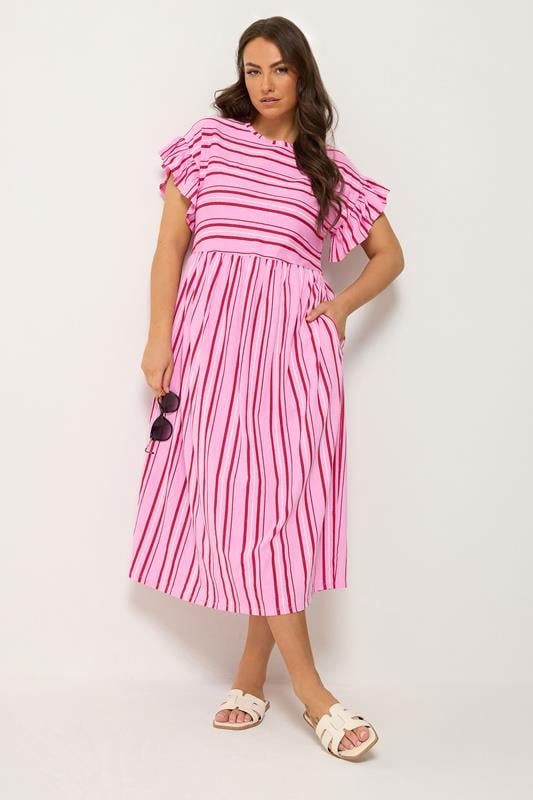 YOURS Plus Size Pink Stripe Frill Sleeve Dress | Yours Clothing 1