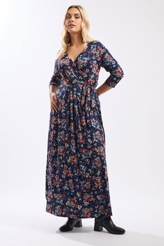 Plus Size  YOURS Curve Blue Floral Print Wrap Dress