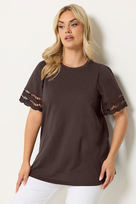  YOURS Curve Brown Broderie Anglaise Angel Sleeve T-Shirt
