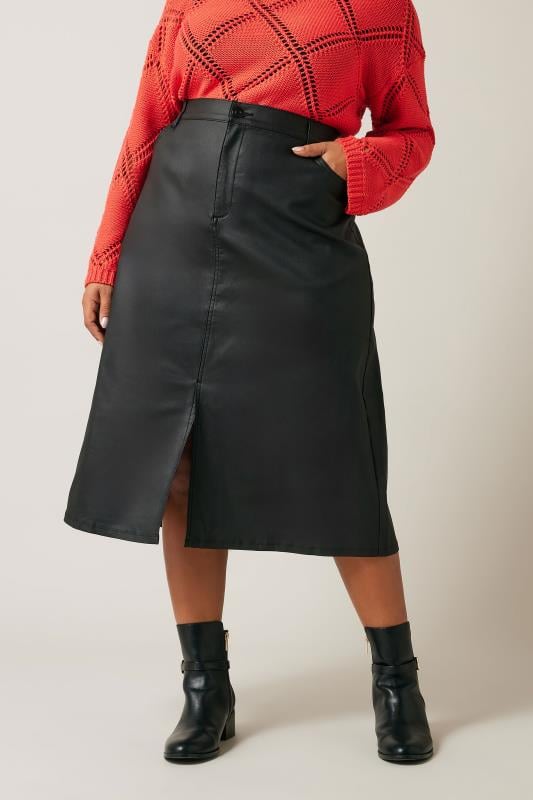 Plus Size  EVANS Curve Black Coated Split Hem Midi Skirt