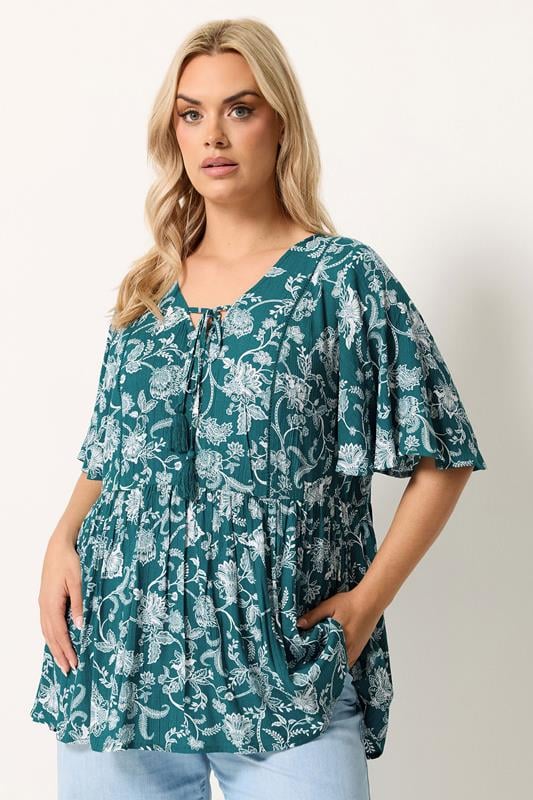 YOURS Plus Size Paisley Green Tie Neck Top | Yours Clothing 1