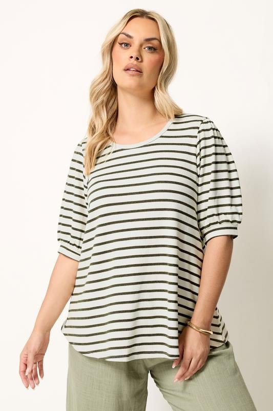 YOURS Plus Size White & Green Stripe Knitted Puff Sleeve Top | Yours Clothing 1