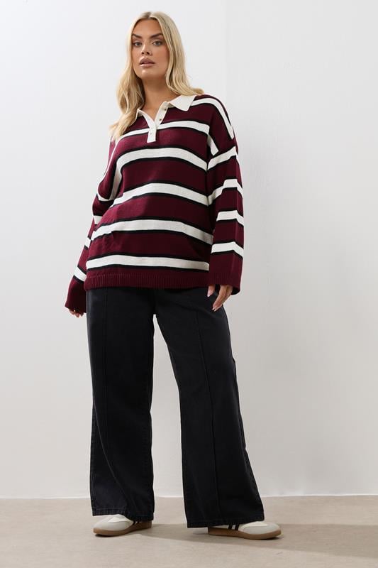YOURS Plus Size Burgundy Red Striped Rugby Collar Jumper | Yours Clothing 1