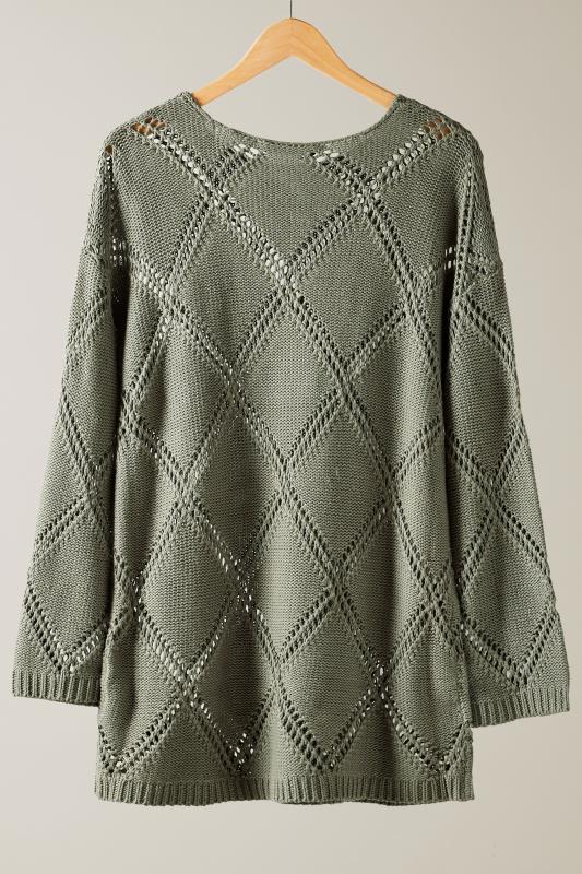 EVANS Plus Size Khaki Green Diamond Pointelle Jumper | Evans 6