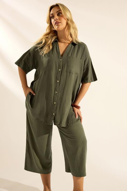 YOURS Curve Khaki Green Short Sleeve Linen Shirt