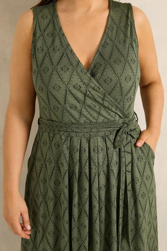 EVANS Plus Size Khaki Green Broderie Wrap Midi Dress | Evans 5