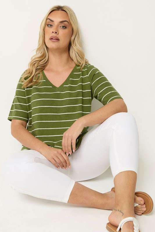  YOURS Curve Khaki Green Stripe T-Shirt