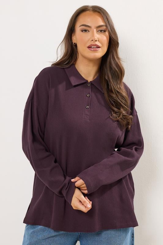 YOURS Curve Purple Waffle Rugby Collar Top