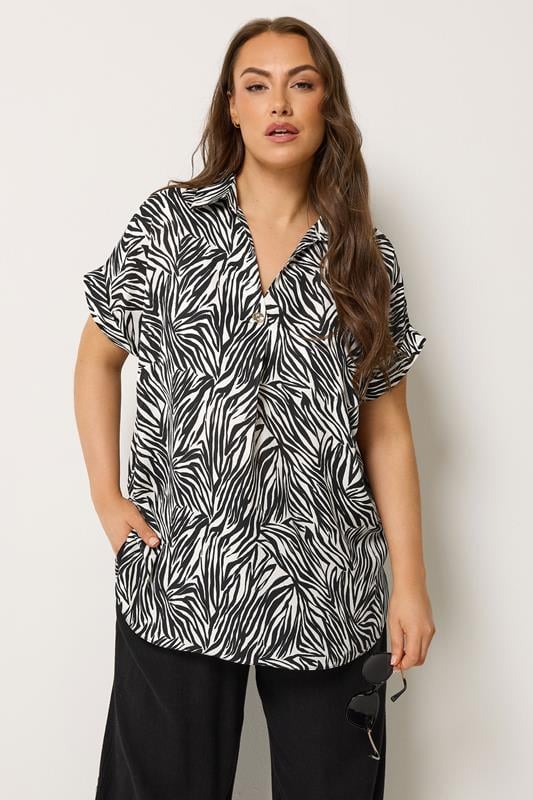 YOURS Curve Black Zebra Button Half Placket Blouse