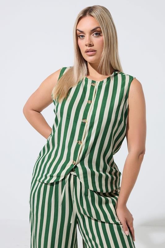 LIMITED COLLECTION Plus Size Green & White Stripe Waistcoat | Yours Clothing 1