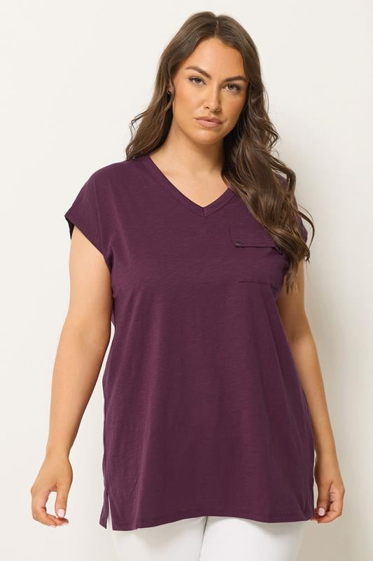 YOURS Plus Size Purple Stud Pocket T-Shirt | Yours Clothing 1