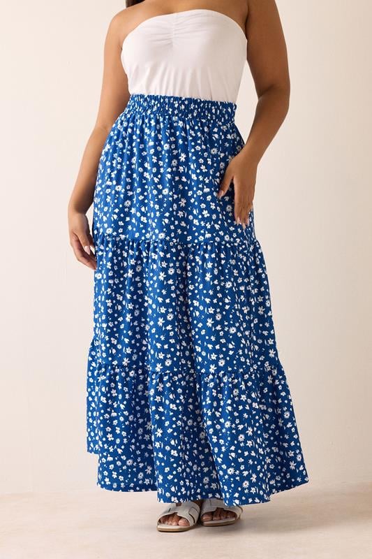  YOURS Curve Blue Floral Print Tiered Maxi Skirt