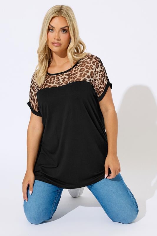 YOURS Plus Size Black Leopard Mesh Panel Top | Yours Clothing 1