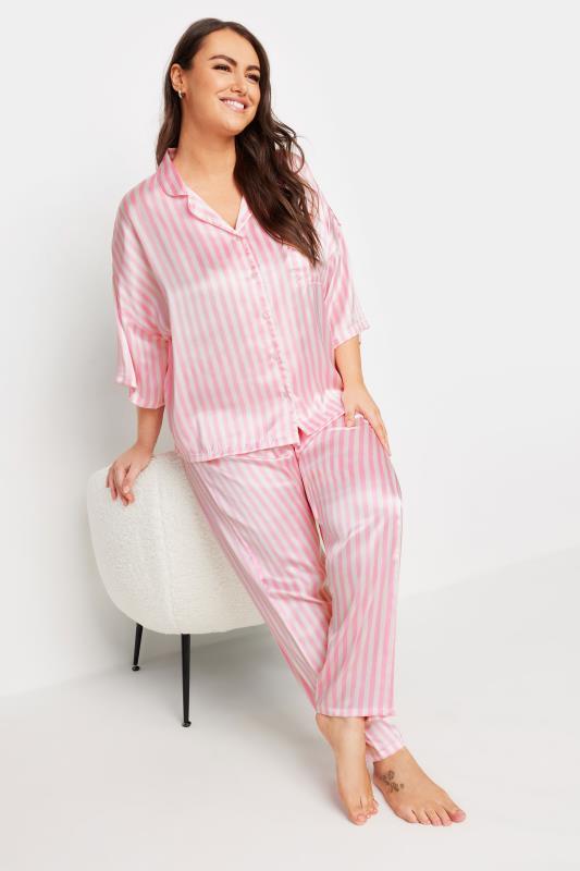 YOURS Plus Size Pink Stripe Satin Pyjama Set | Yours Clothing 2