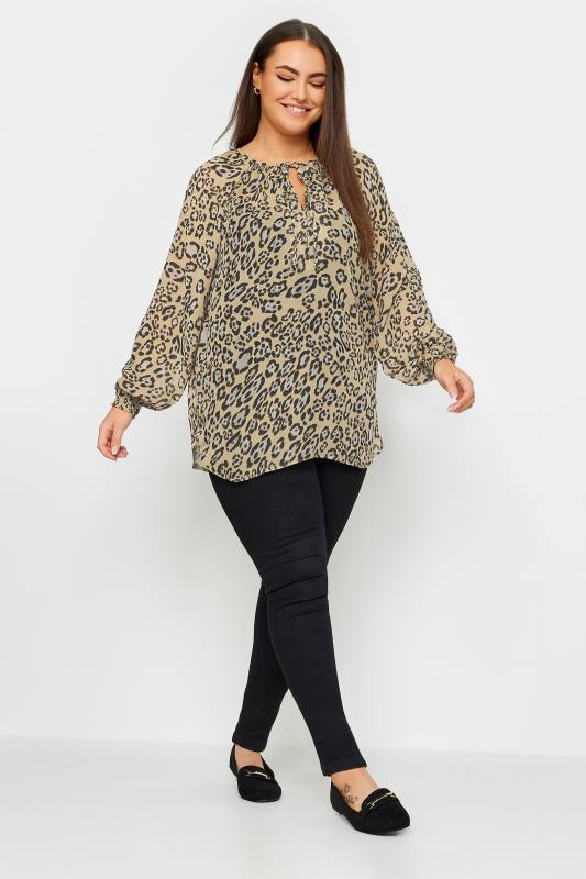 YOURS Plus Size Beige Brown Leopard Print Tie Neck Blouse | Yours Clothing 2