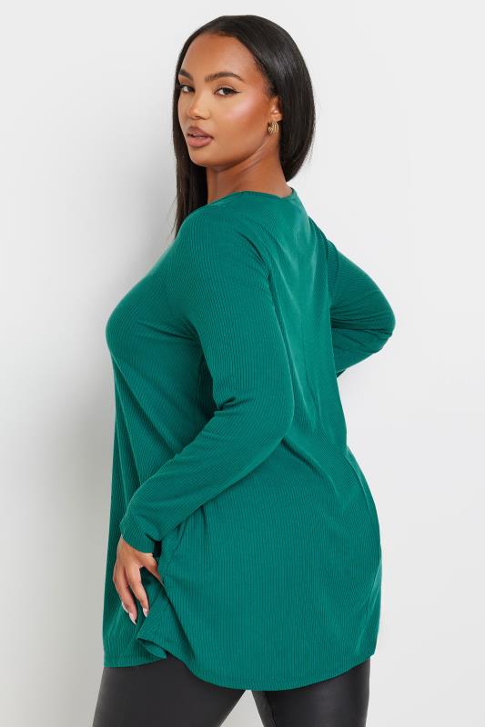 YOURS Plus Size Teal Green Side Split Ribbed T-Shirt | Yours Clothing 3