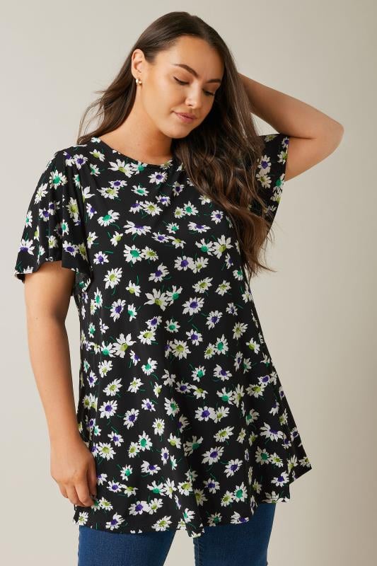 Plus Size  EVANS Curve Black Floral Print Angel Sleeve Top