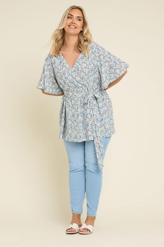 YOURS Plus Size Blue Ditsy Floral Print Wrap Top | Yours Clothing 2