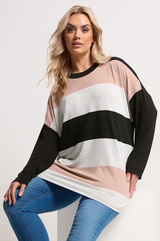 YOURS Curve Black Bold Stripe Long Sleeve Top