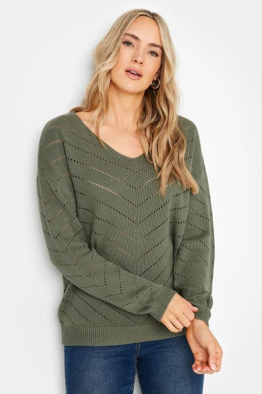 LTS Tall Khaki Green Chevron Pointelle Stitch Jumper | Long Tall Sally 1