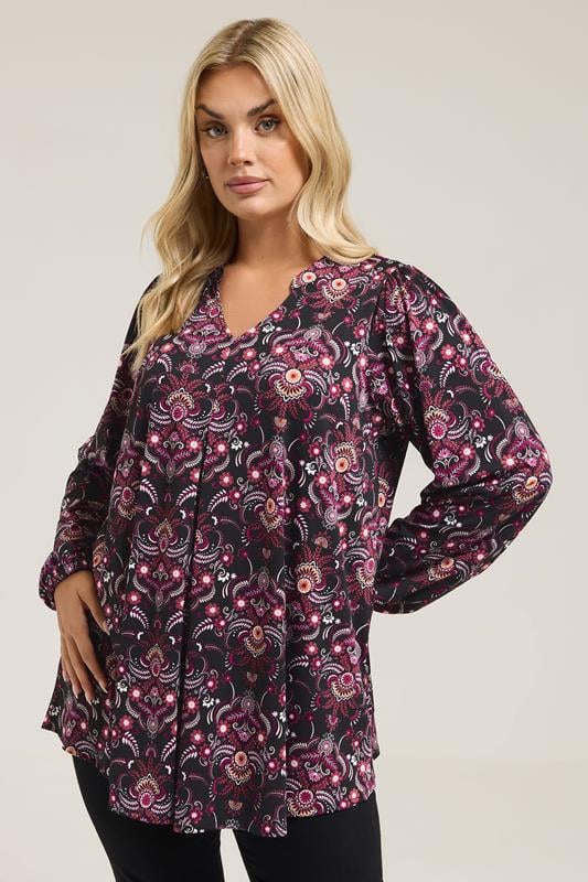  YOURS Curve Black Paisley Long Sleeve Pleat Front Top
