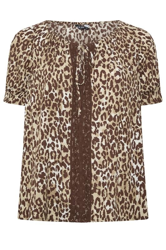 YOURS Plus Size Brown Leopard Crochet Tie Front Top | Yours Clothing 5