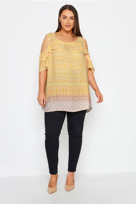 City Chic Yellow Aztec Print Frill Cold Shoulder Top 2