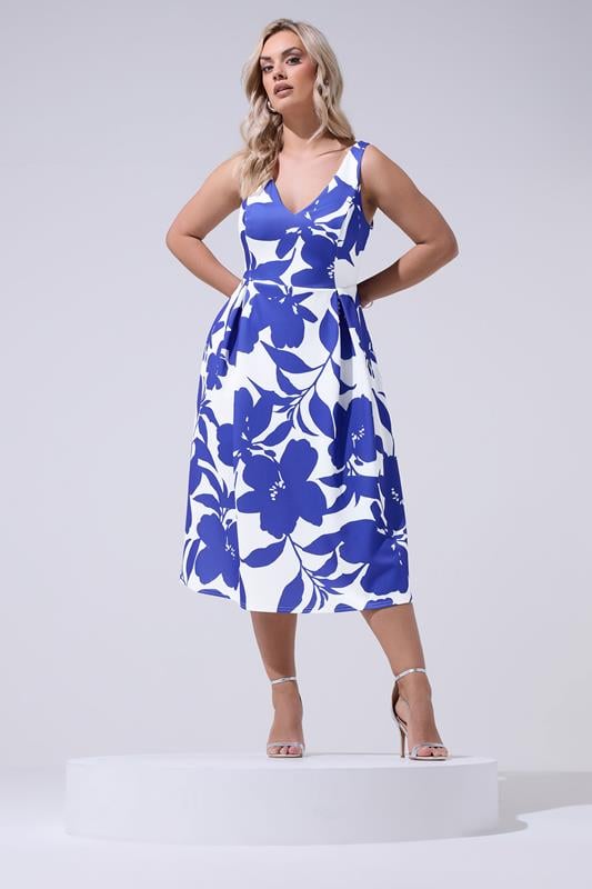  YOURS LONDON Curve White & Blue Floral V-Neck Skater Dress