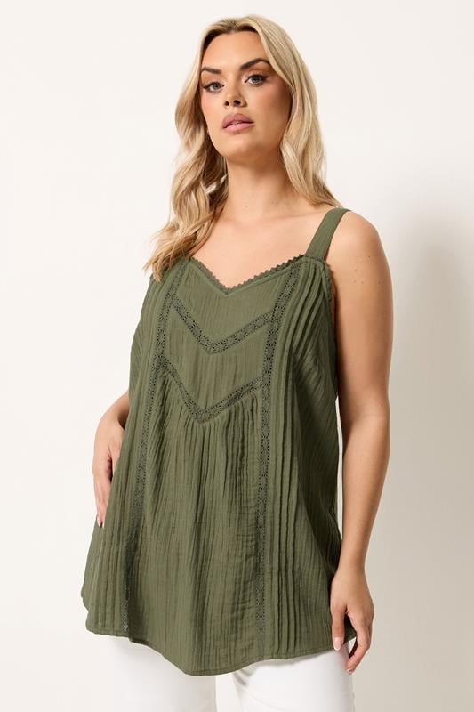 YOURS Plus Size Green Crochet Insert Vest Top | Yours Clothing 1