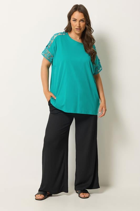 YOURS Plus Size Blue Crochet Sleeve T-Shirt | Yours Clothing 1