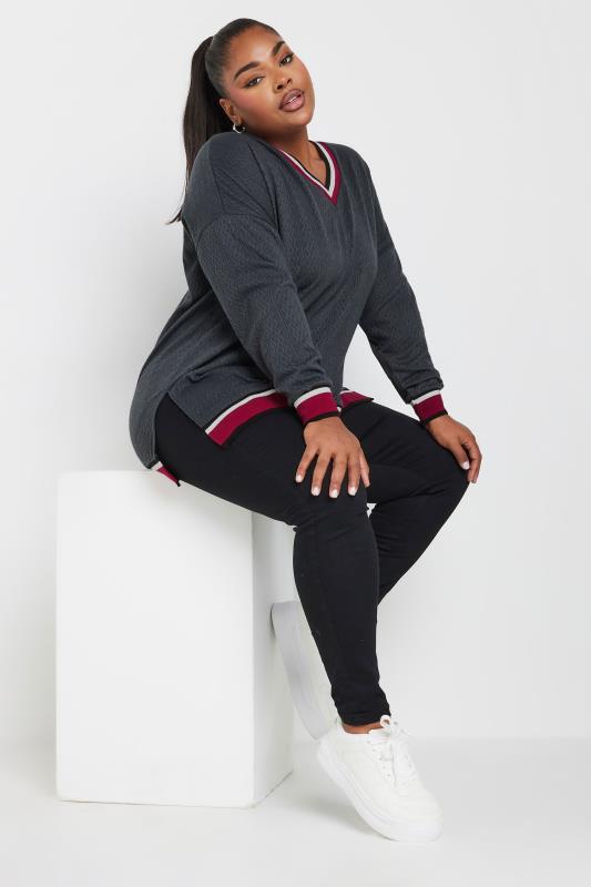 YOURS Plus Size Grey V-Neck Knit Sweatshirt | Yours Clothing  3