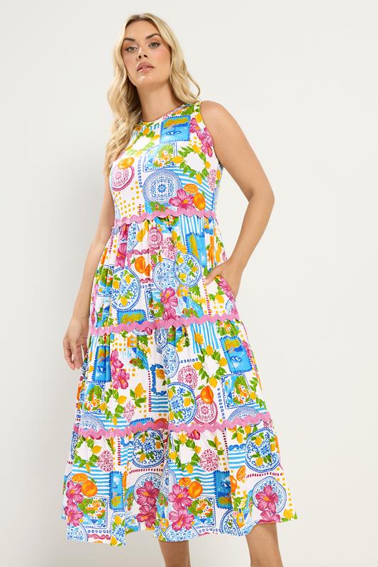  YOURS Curve White & Blue 'Mediterranean' Print Tiered Maxi Dress
