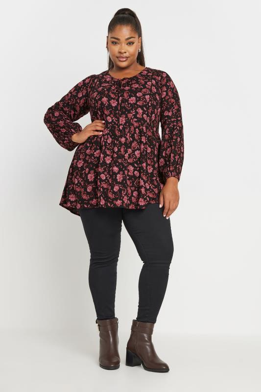 YOURS Plus Size Black Floral Print Long Sleeve Tie Neck Blouse | Yours Clothing 2