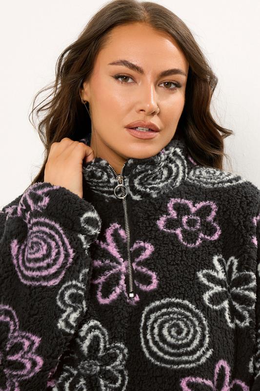 YOURS Plus Size Black Floral Quarter Zip Fleece | Yours Clothing 4