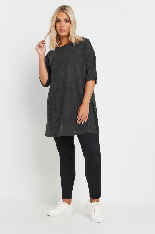 YOURS Plus Size Dark Grey Side Split Ribbed T-Shirt | Yours Clothing 2