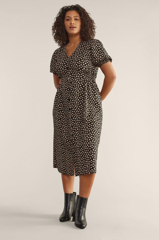 Plus Size  EVANS Curve Black & Natural Brown Spot Button Front Dress