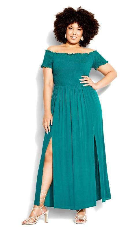 Plus Size  Evans Teal Green Bardot Shirred Maxi Dress