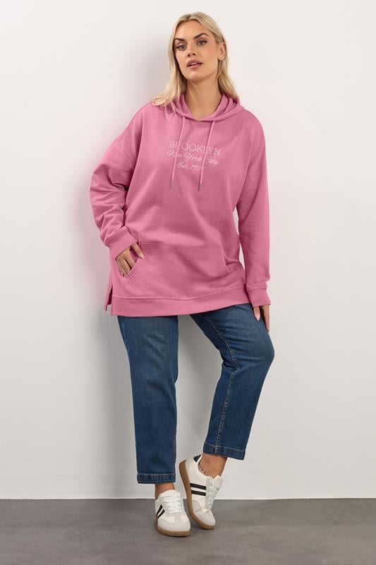 YOURS Plus Size Pink 'Brooklyn' Embroidered Slogan Hoodie | Yours Clothing 2