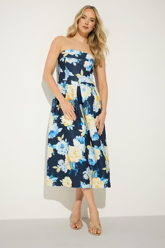 LTS Tall Navy Blue Bandeau Floral Pleated Midi Dress