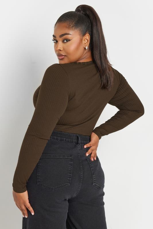 YOURS Plus Size Chocolate Brown Lace Trim Bodysuit | Yours Clothing  3