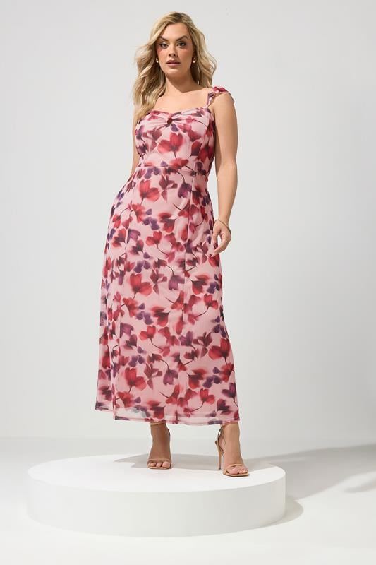  YOURS Curve Pink Floral Keyhole Ruffle Dress
