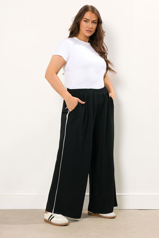  YOURS Curve Black Scuba Side Stripe Wide Leg Trousers