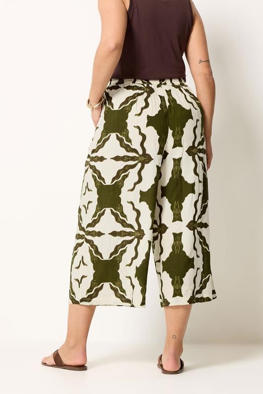 YOURS Plus Size White & Green Tile Print Wide Leg Culottes | Yours Clothing 4
