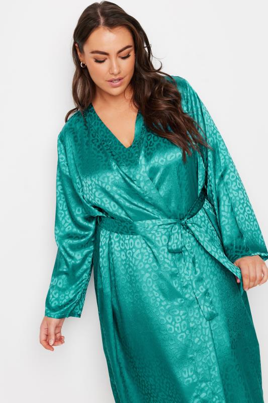 YOURS Plus Size Green Leopard Print Satin Robe | Yours Clothing  4