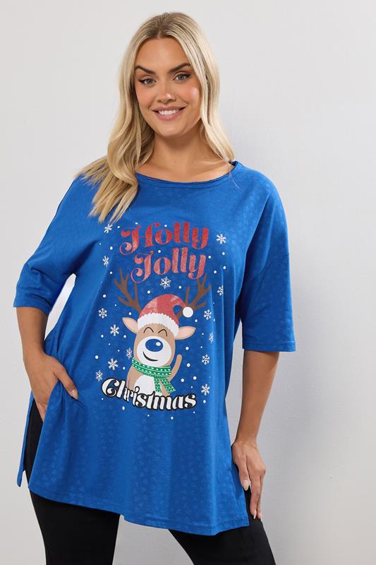 Plus Size  YOURS Curve Blue 'Holly Jolly' Glitter Novelty Christmas Top